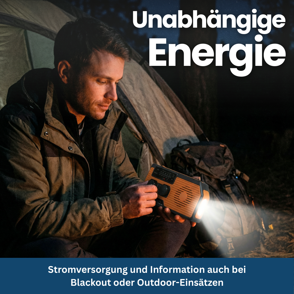 4-in-1 Emergency Radio With Solar Panel, Hand Crank & Power Bank – Blackout & Outdoor