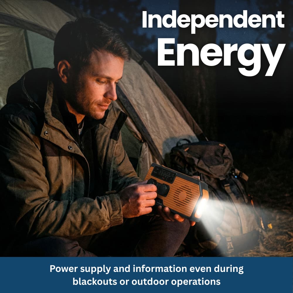 4-in-1 Emergency Radio With Solar Panel, Hand Crank & Power Bank – Blackout & Outdoor