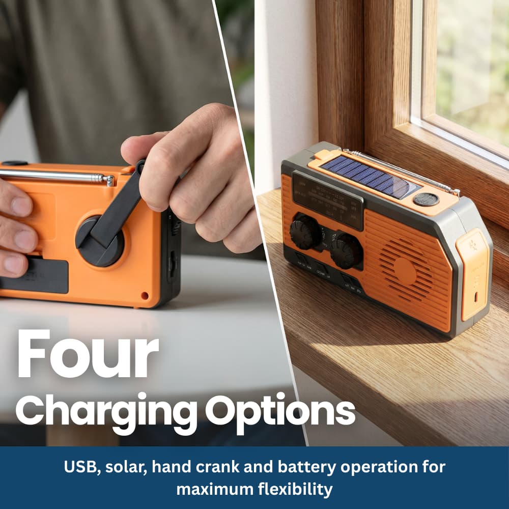 4-in-1 Emergency Radio With Solar Panel, Hand Crank & Power Bank – Blackout & Outdoor