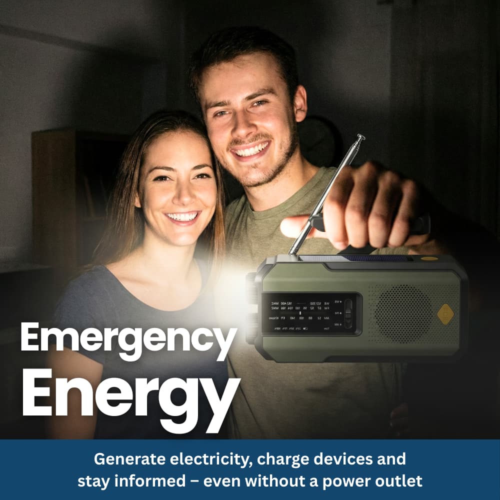 Compact Emergency Radio with Solar, Hand Crank & SOS Function