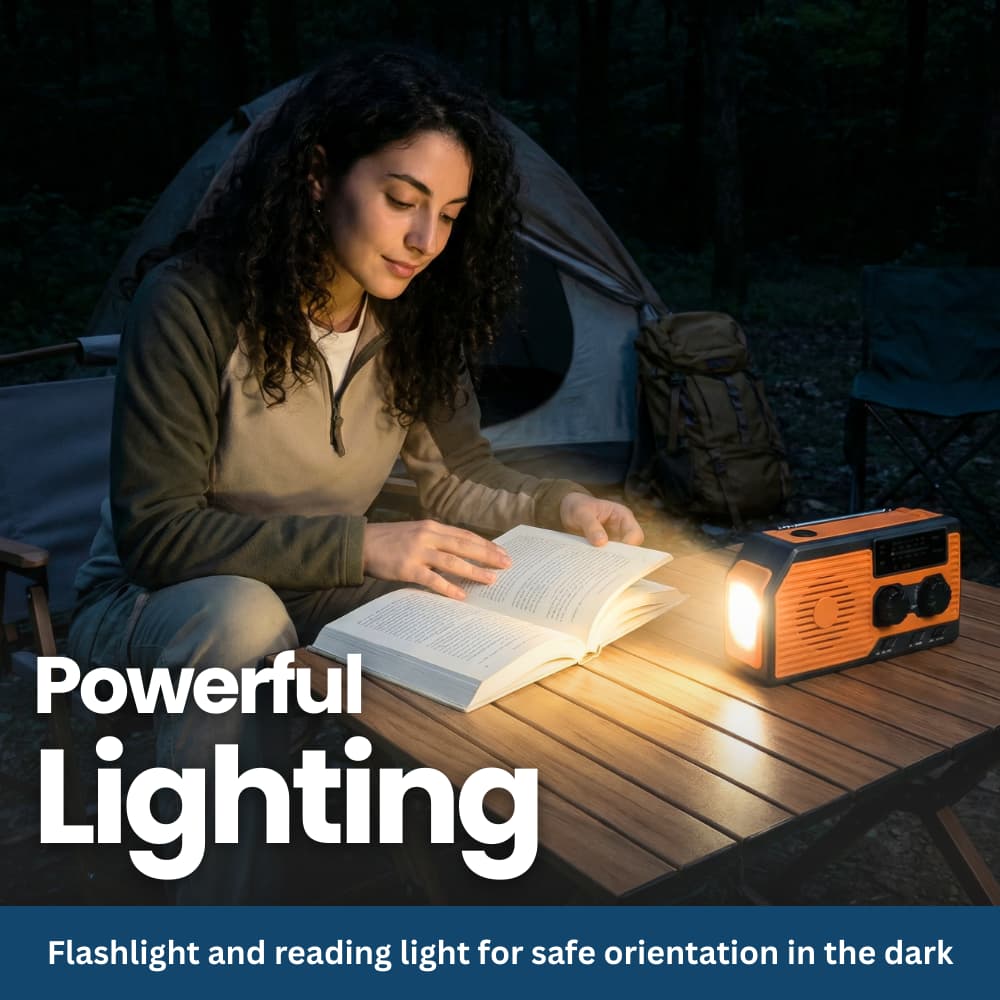 4-in-1 Emergency Radio With Solar Panel, Hand Crank & Power Bank – Blackout & Outdoor