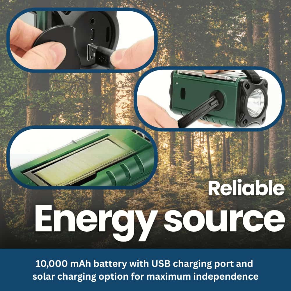 TrailGuard 10K – Solar Radio & Hand-Crank Flashlight