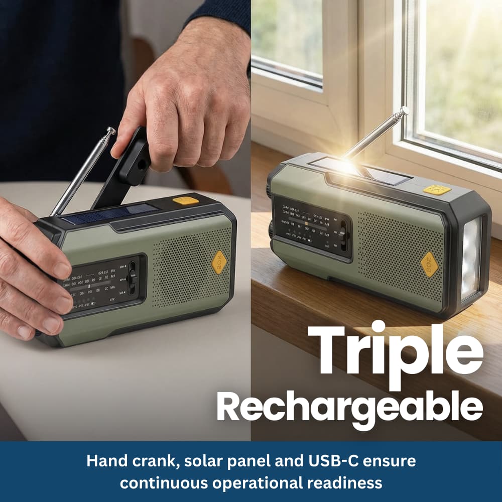 Compact Emergency Radio with Solar, Hand Crank & SOS Function