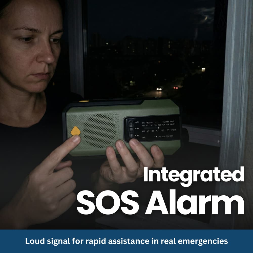 Compact Emergency Radio with Solar, Hand Crank & SOS Function