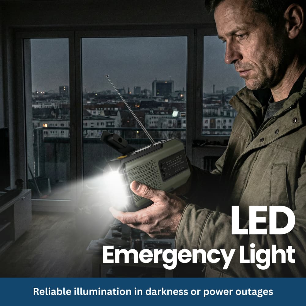 Compact Emergency Radio with Solar, Hand Crank & SOS Function