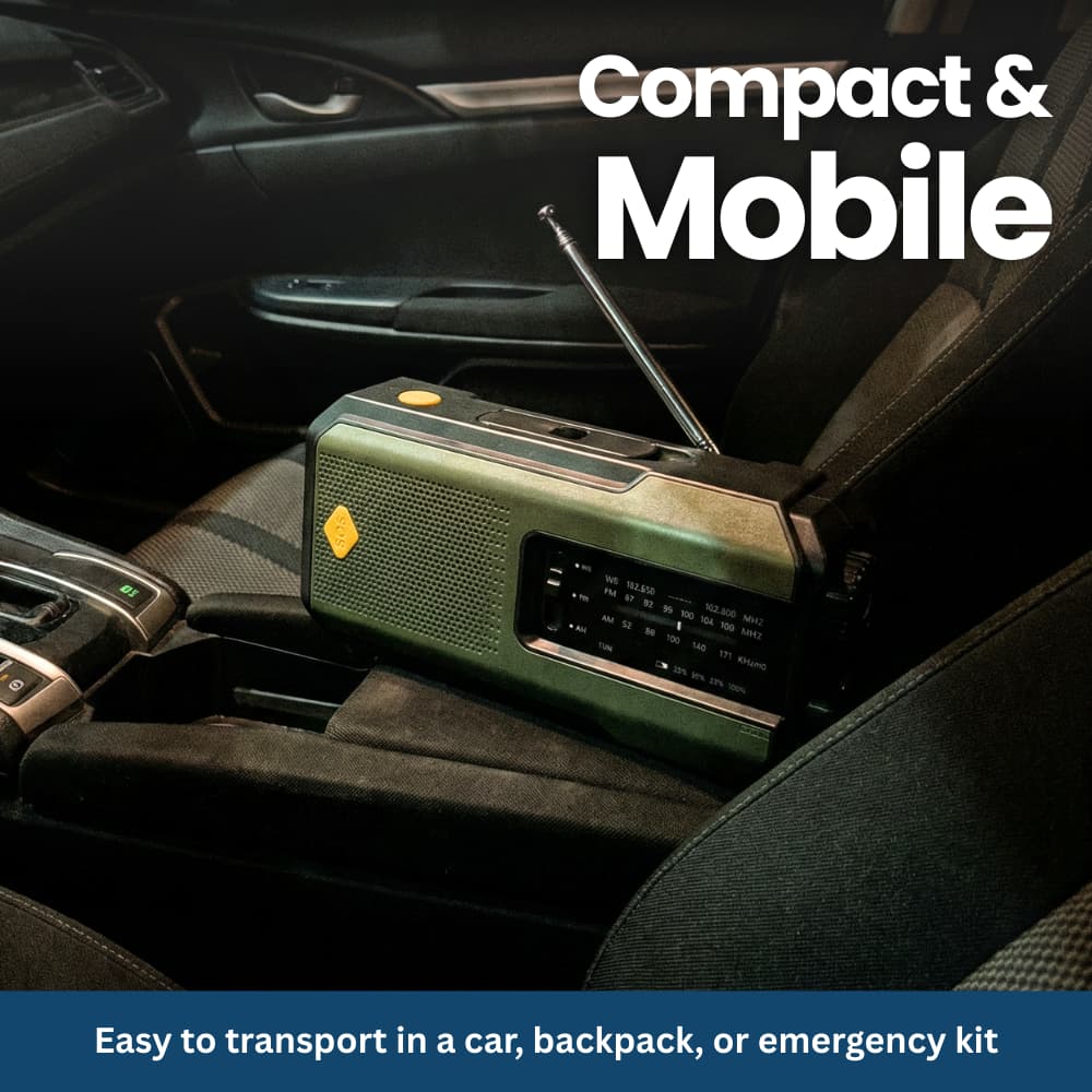 Compact Emergency Radio with Solar, Hand Crank & SOS Function