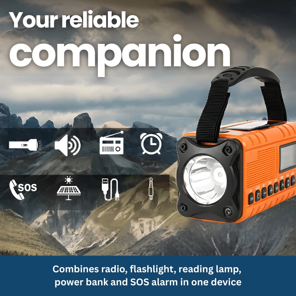 TrailGuard 10K – Solar Radio & Hand-Crank Flashlight