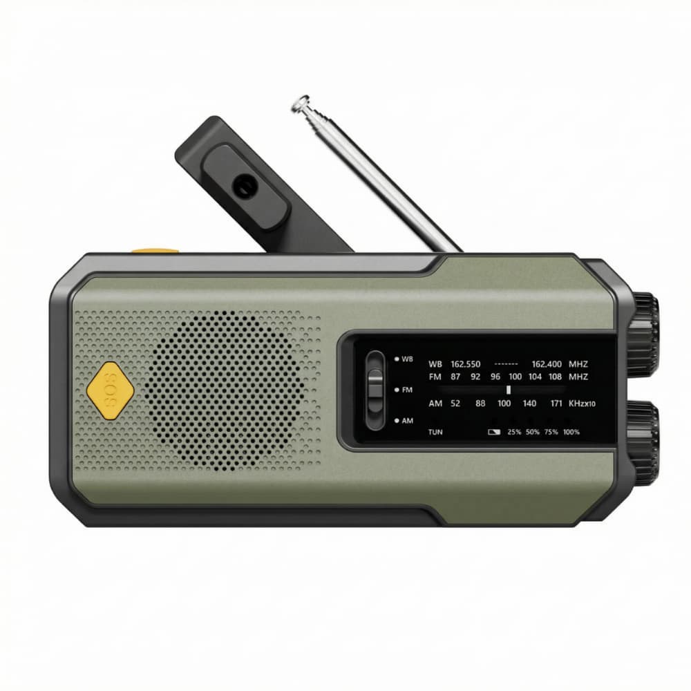 Compact Emergency Radio with Solar, Hand Crank & SOS Function