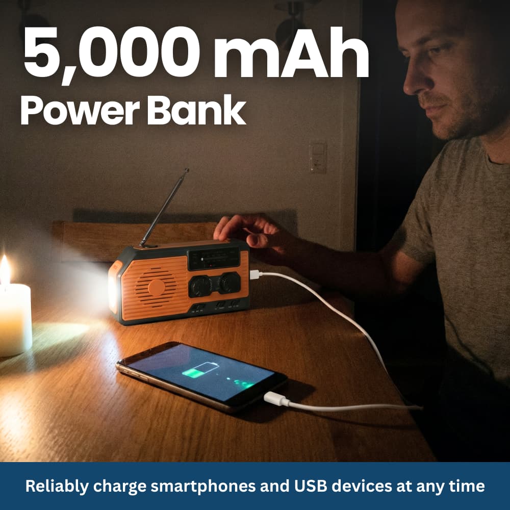 4-in-1 Emergency Radio With Solar Panel, Hand Crank & Power Bank – Blackout & Outdoor