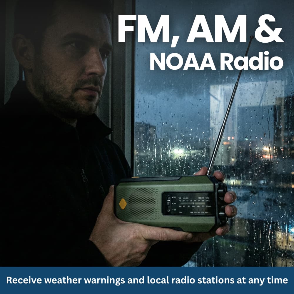 Compact Emergency Radio with Solar, Hand Crank & SOS Function
