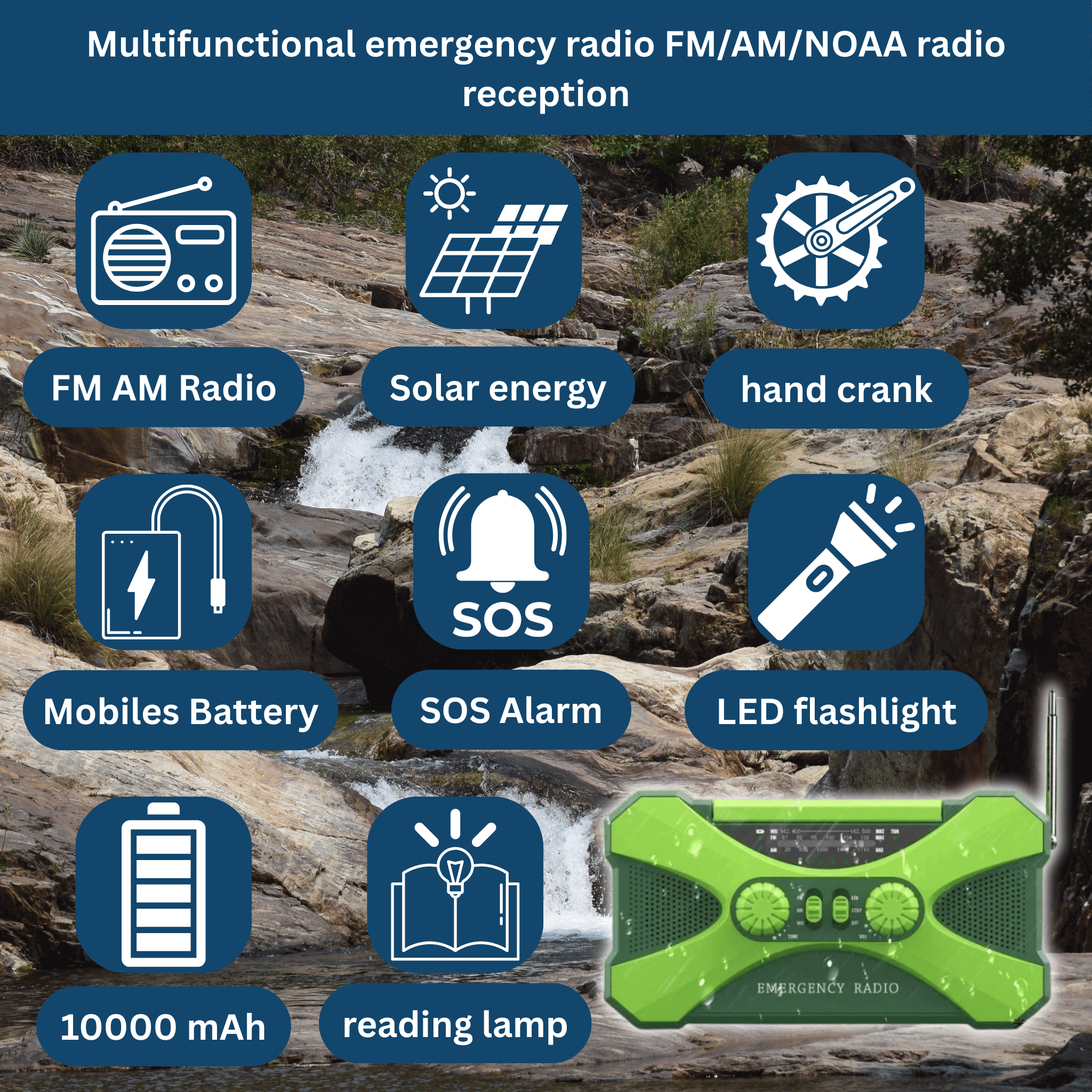 Power Emergency Radio 10,000 mAh – Solar, Hand Crank, LED & SOS