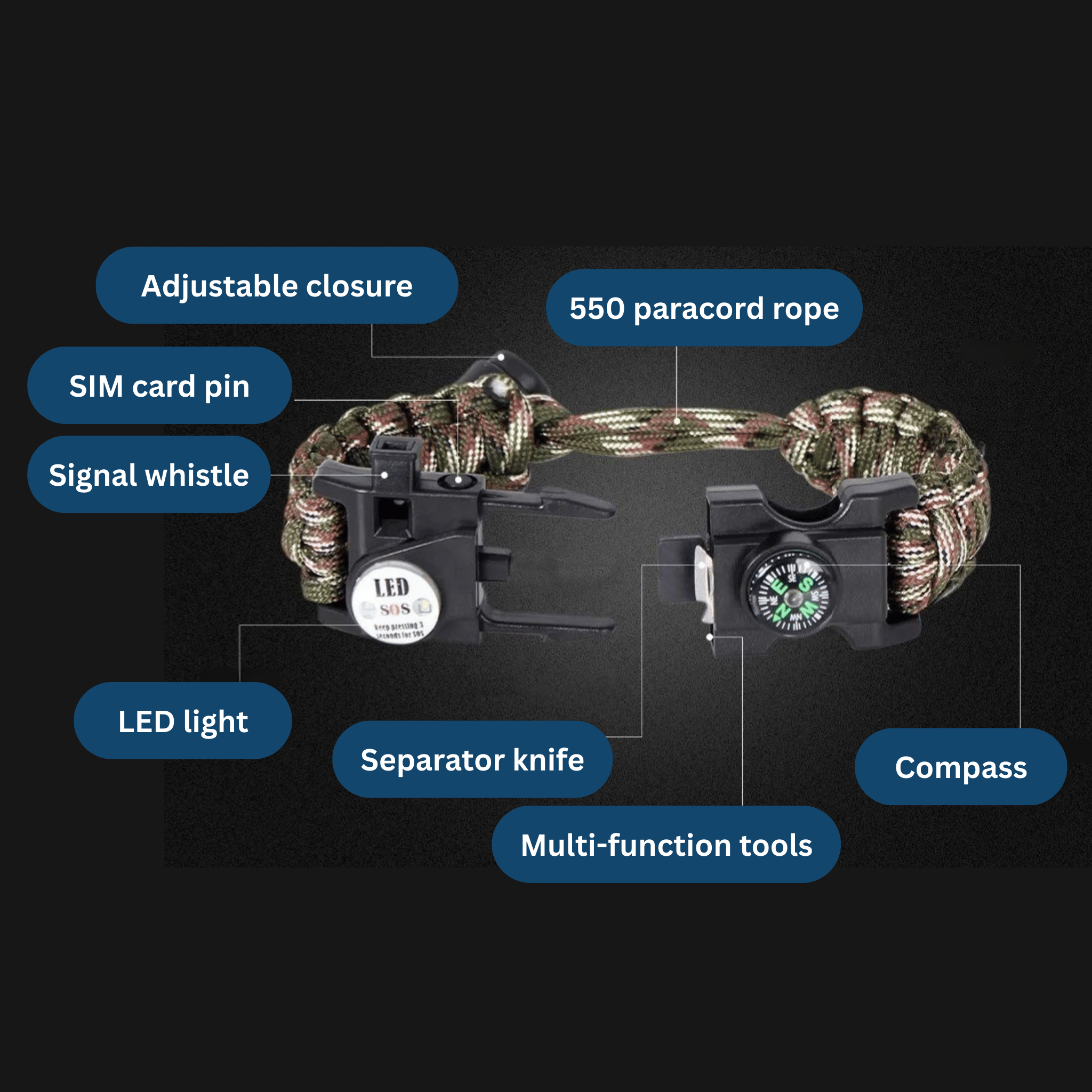 Survival Paracord Bracelet – With LED & Compass