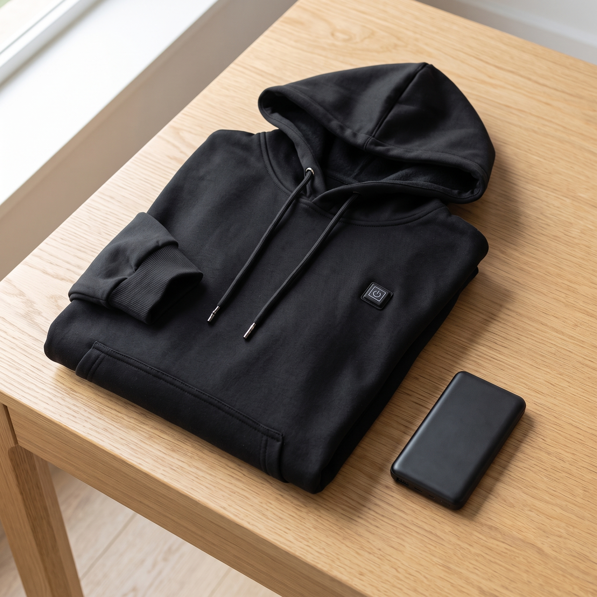 CozyHeat hoodie folded next to a black power bank